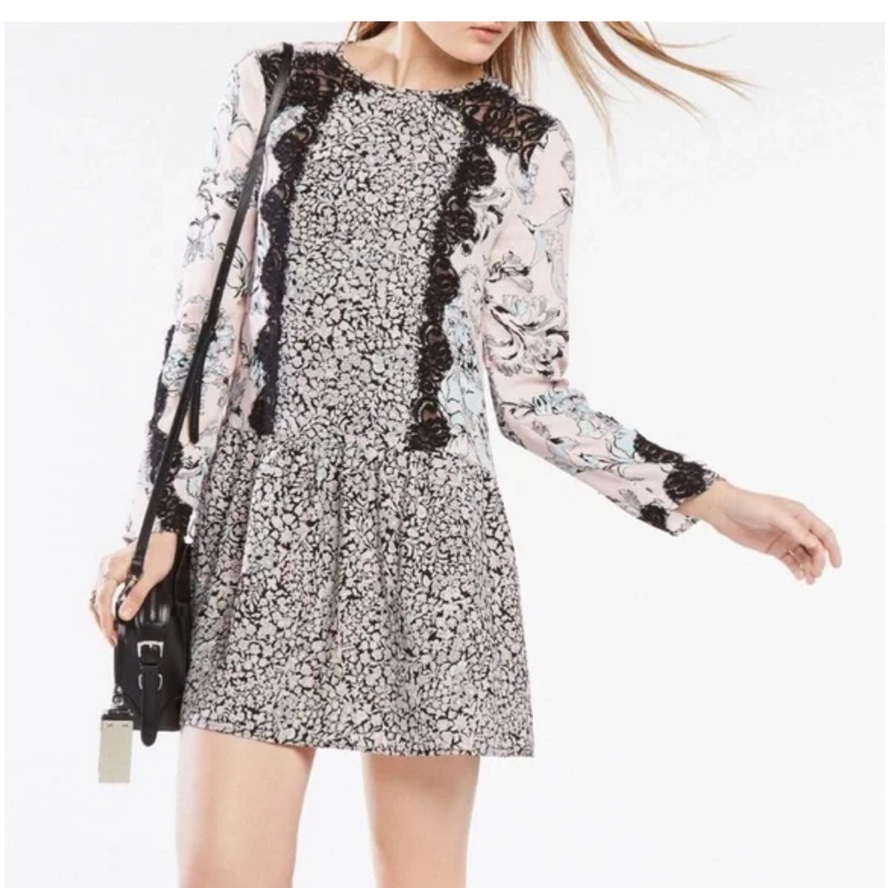 BCBGMaxazria Bryanne Dress Long Sleeve Drop Waist Tunic Mini Lace Trim